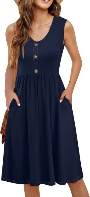 2025 Women Summer Round Neck Casual Loose Wrinkle-Free Long Maxi Beach Dress with Pockets Sleeveless Sundress