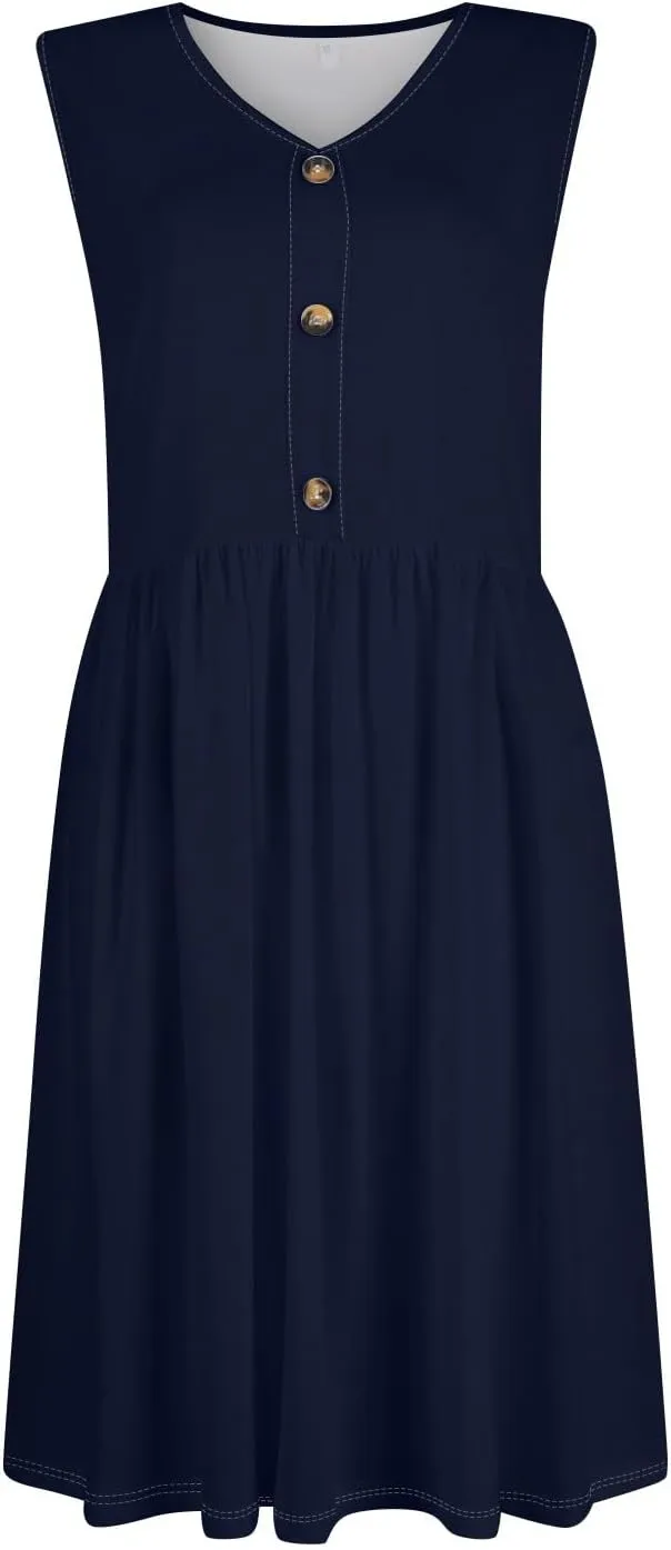 2025 Women Summer Round Neck Casual Loose Wrinkle-Free Long Maxi Beach Dress with Pockets Sleeveless Sundress