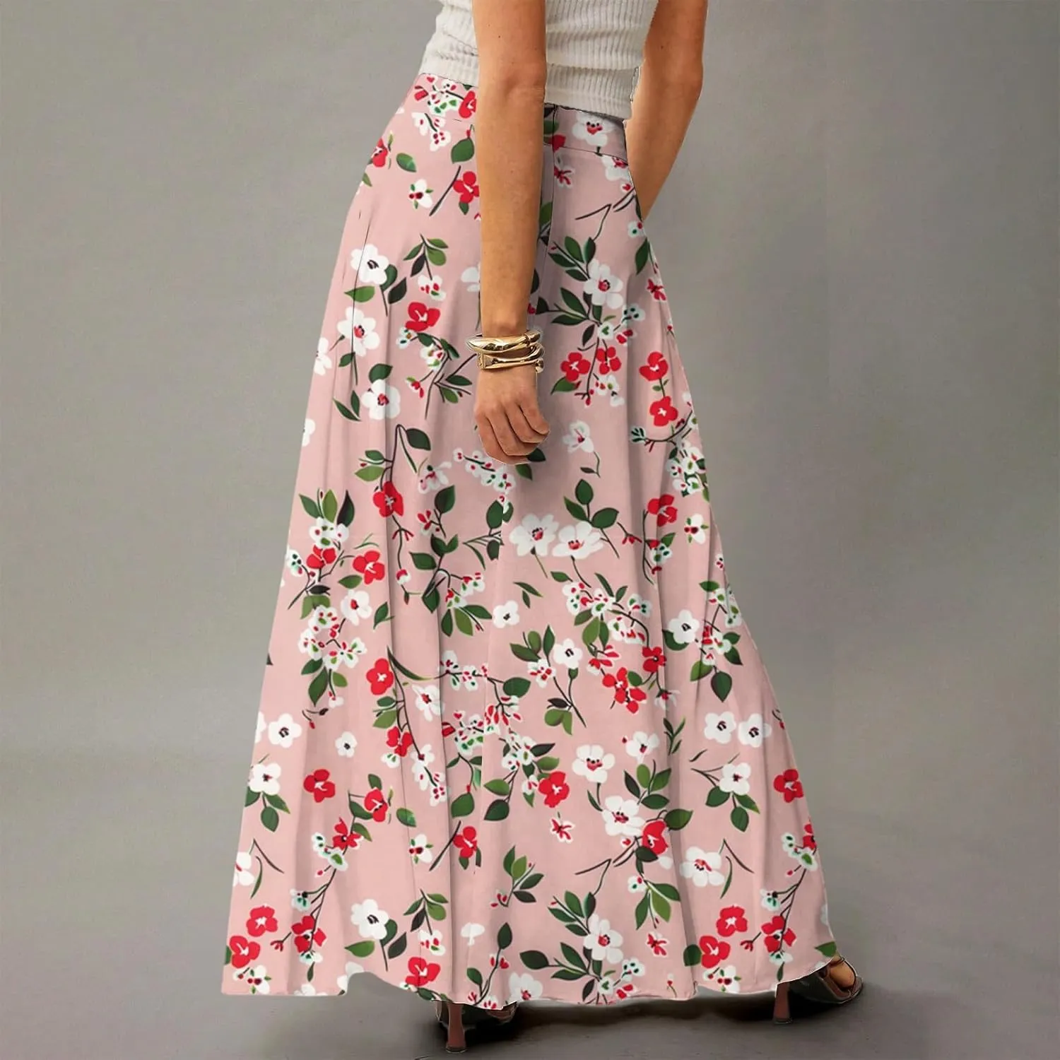 2025 Womens Long Maxi Skirt Trendy Summer Elastic High Waisted Pleated Floral Print A-Line Boho Skirts with Pockets