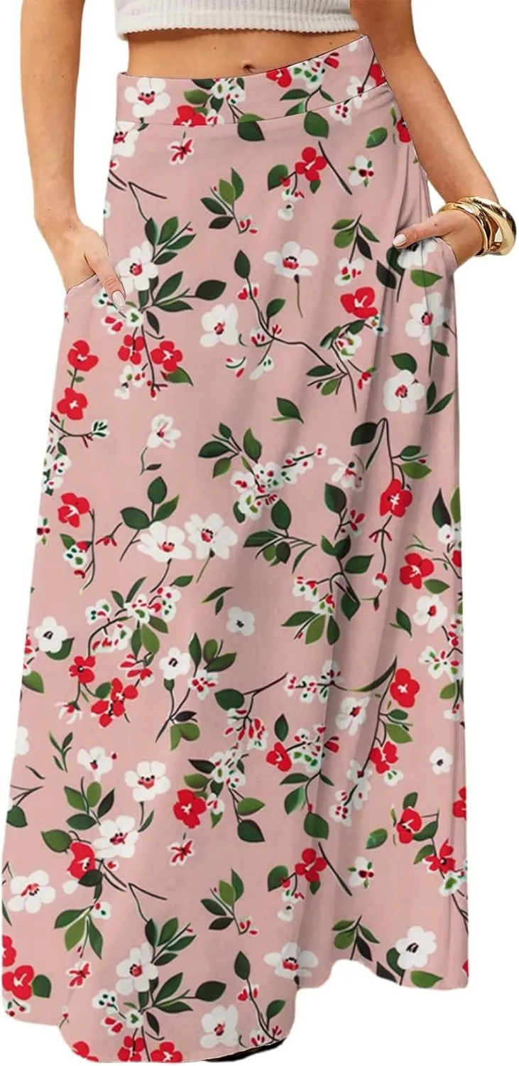 2025 Womens Long Maxi Skirt Trendy Summer Elastic High Waisted Pleated Floral Print A-Line Boho Skirts with Pockets