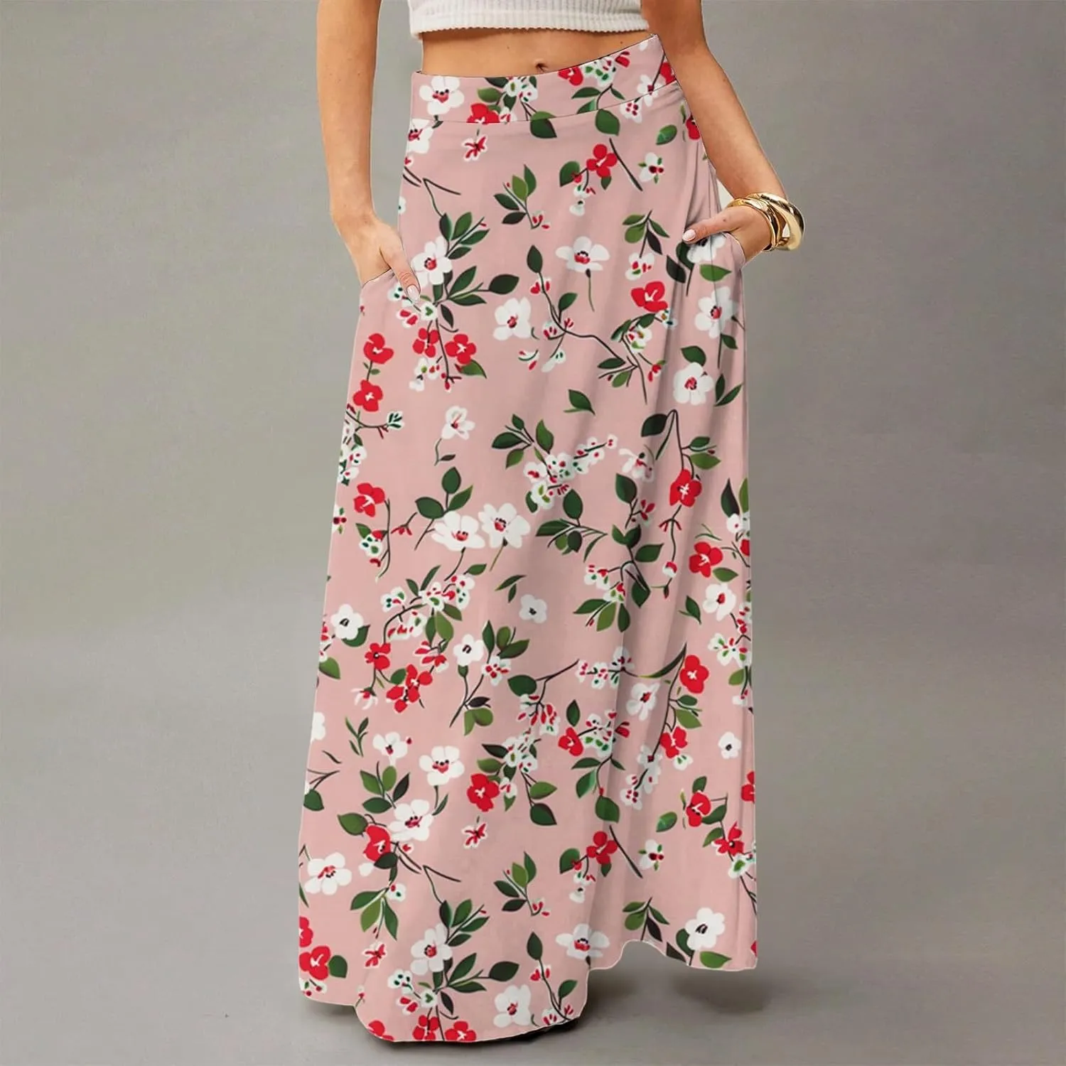 2025 Womens Long Maxi Skirt Trendy Summer Elastic High Waisted Pleated Floral Print A-Line Boho Skirts with Pockets