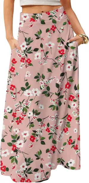 2025 Womens Long Maxi Skirt Trendy Summer Elastic High Waisted Pleated Floral Print A-Line Boho Skirts with Pockets