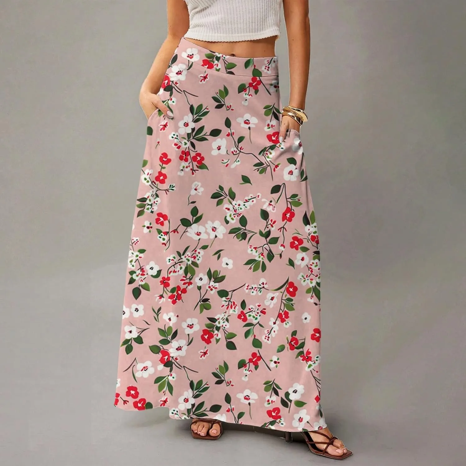 2025 Womens Long Maxi Skirt Trendy Summer Elastic High Waisted Pleated Floral Print A-Line Boho Skirts with Pockets