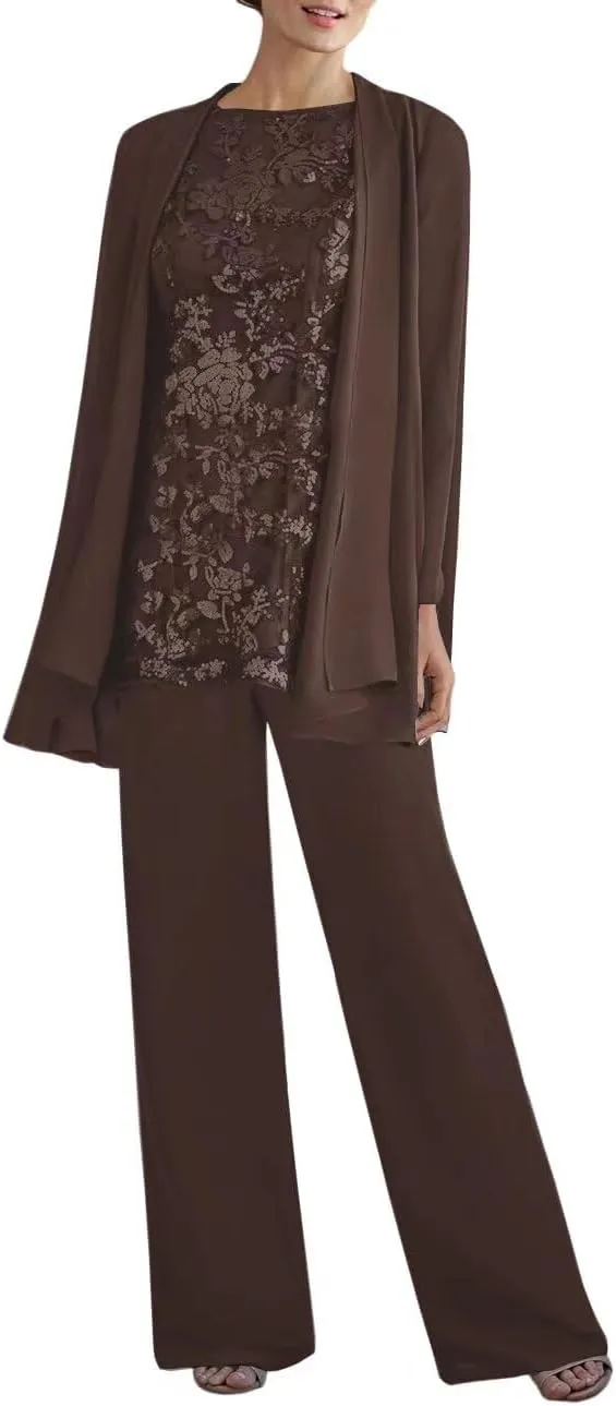 3 PCS Mother of The Bride Pant Suits for Women Dressy Long Sleeve Chiffon Formal Pantsuits for Wedding