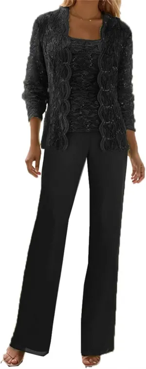3 Piece Mother of The Bride Pant Suits for Wedding Guest Sequins Lace Outfits Formal Evneing Party Gowns with Jacket