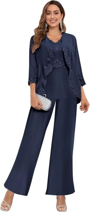 3 Piece Mother of The Bride Pant Suits for Women Dressy Wedding Chiffon Beaded Formal Evening Party Pantsuit