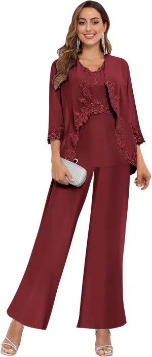 3 Piece Mother of The Bride Pant Suits for Women Dressy Wedding Chiffon Beaded Formal Evening Party Pantsuit