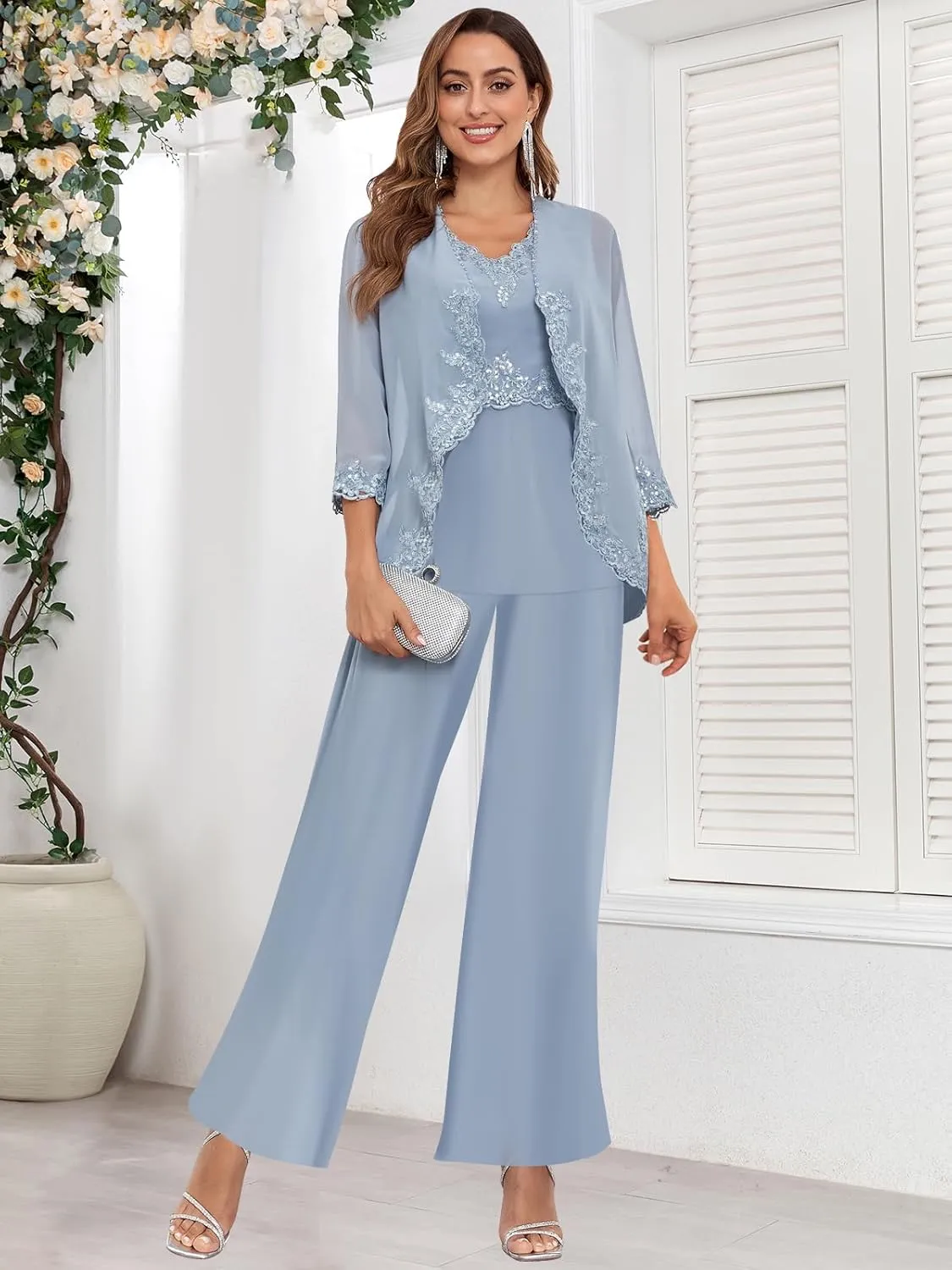 3 Piece Mother of The Bride Pant Suits for Women Dressy Wedding Chiffon Beaded Formal Evening Party Pantsuit