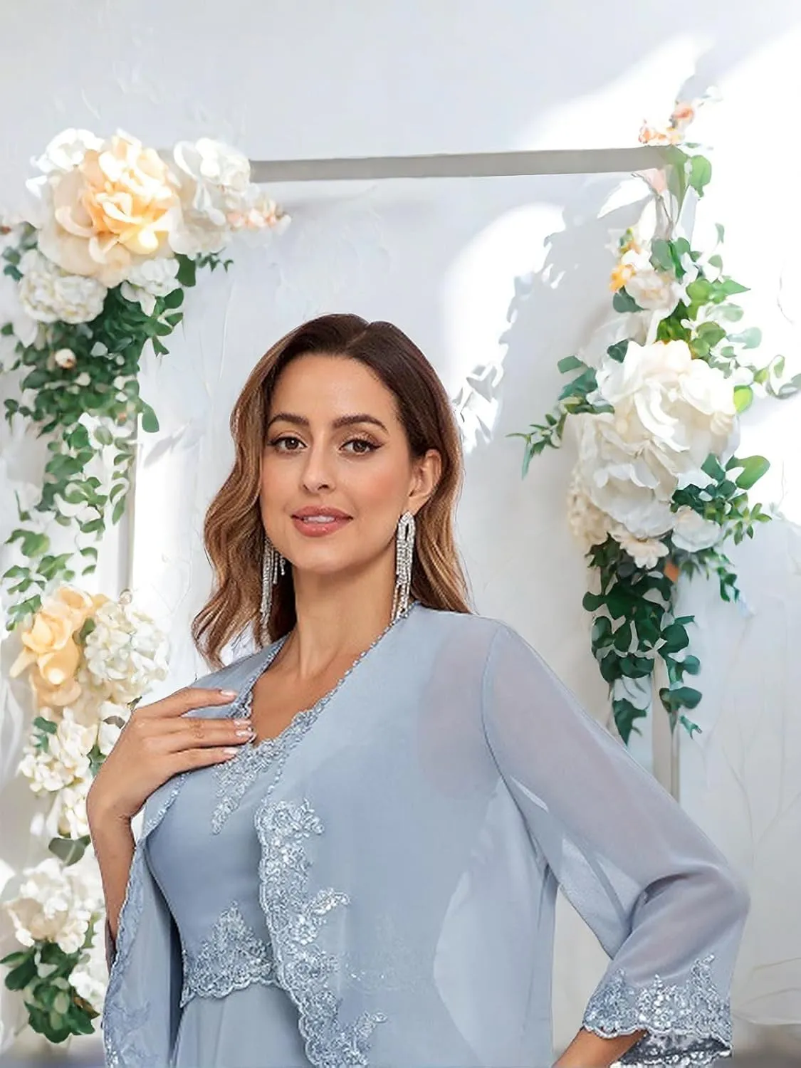 3 Piece Mother of The Bride Pant Suits for Women Dressy Wedding Chiffon Beaded Formal Evening Party Pantsuit