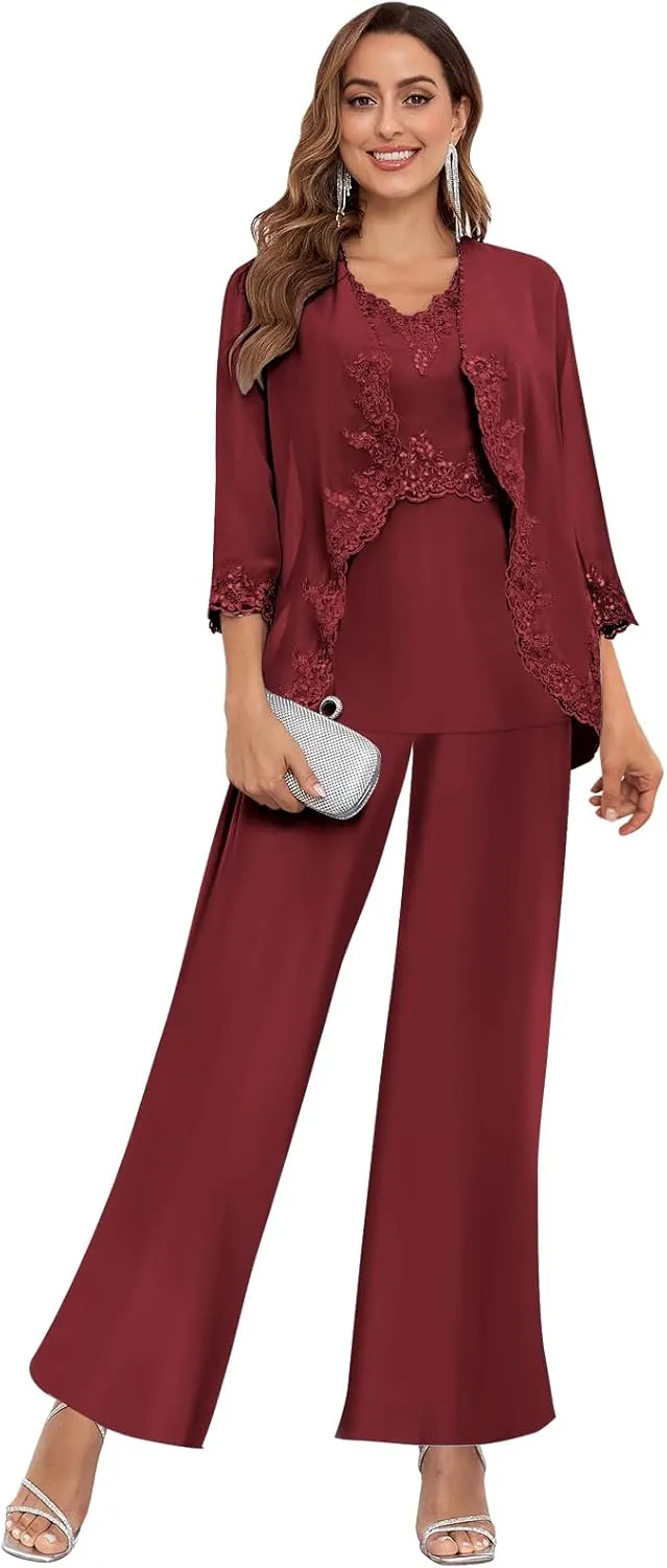 3 Piece Mother of The Bride Pant Suits for Women Dressy Wedding Chiffon Beaded Formal Evening Party Pantsuit