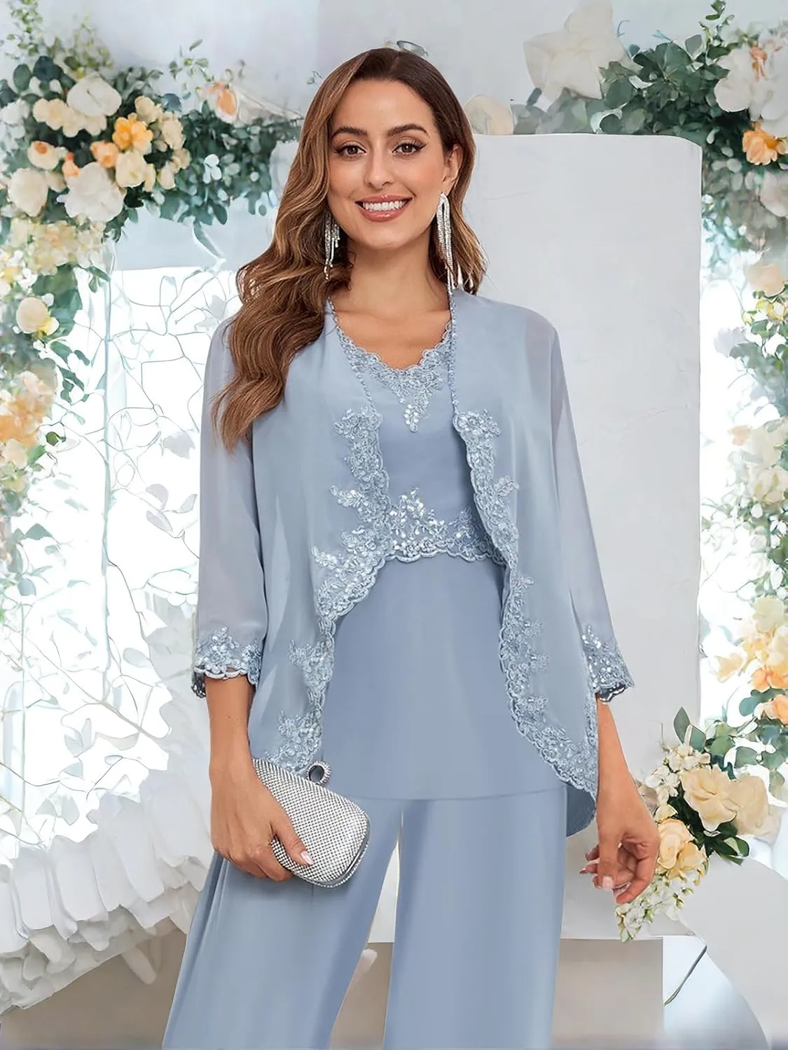 3 Piece Mother of The Bride Pant Suits for Women Dressy Wedding Chiffon Beaded Formal Evening Party Pantsuit