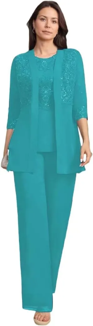 3 Pieces Mother of The Bride Pant Suits for Wedding Chiffon Dressy Pantsuits for Women Evening Party with Jacket