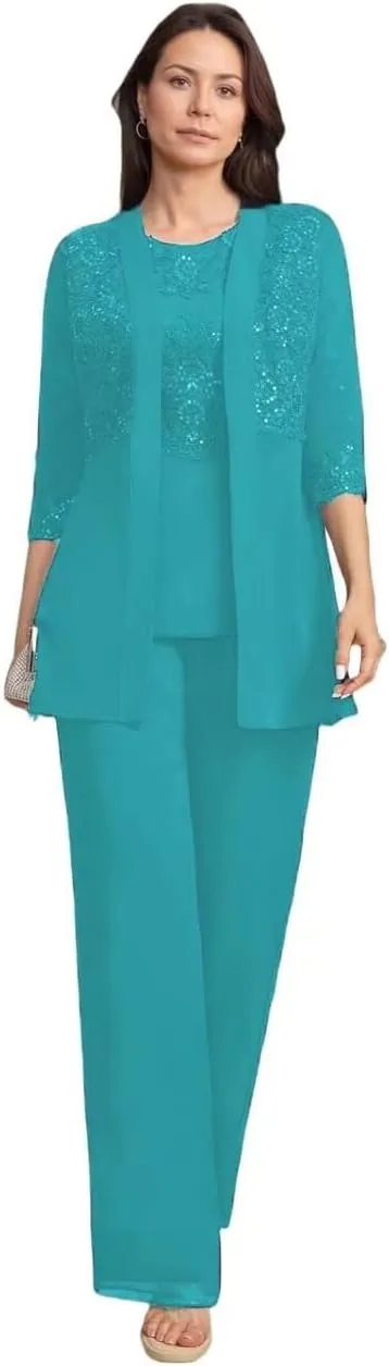 3 Pieces Mother of The Bride Pant Suits for Wedding Chiffon Dressy Pantsuits for Women Evening Party with Jacket
