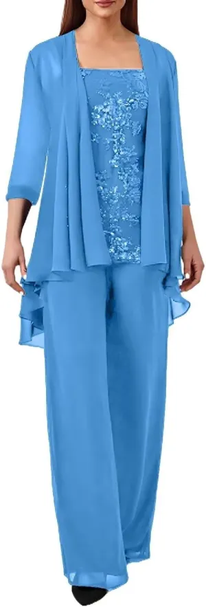 3 Pieces Mother of The Bride Pant Suits for Wedding Chiffon Formal Pantsuits for Women Evening Party with Jacket