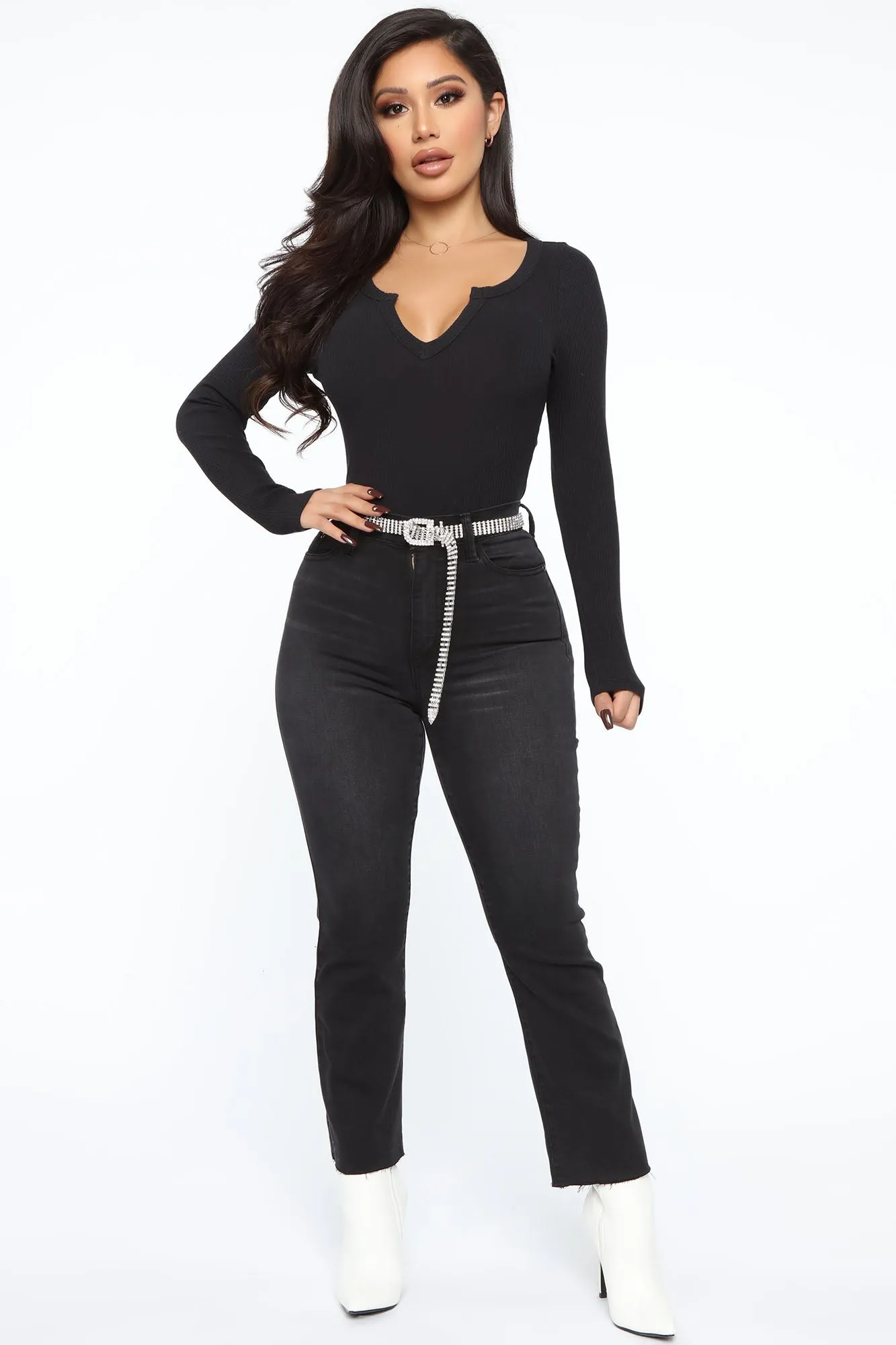 Alexa Ribbed Long Sleeve Bodysuit - Black