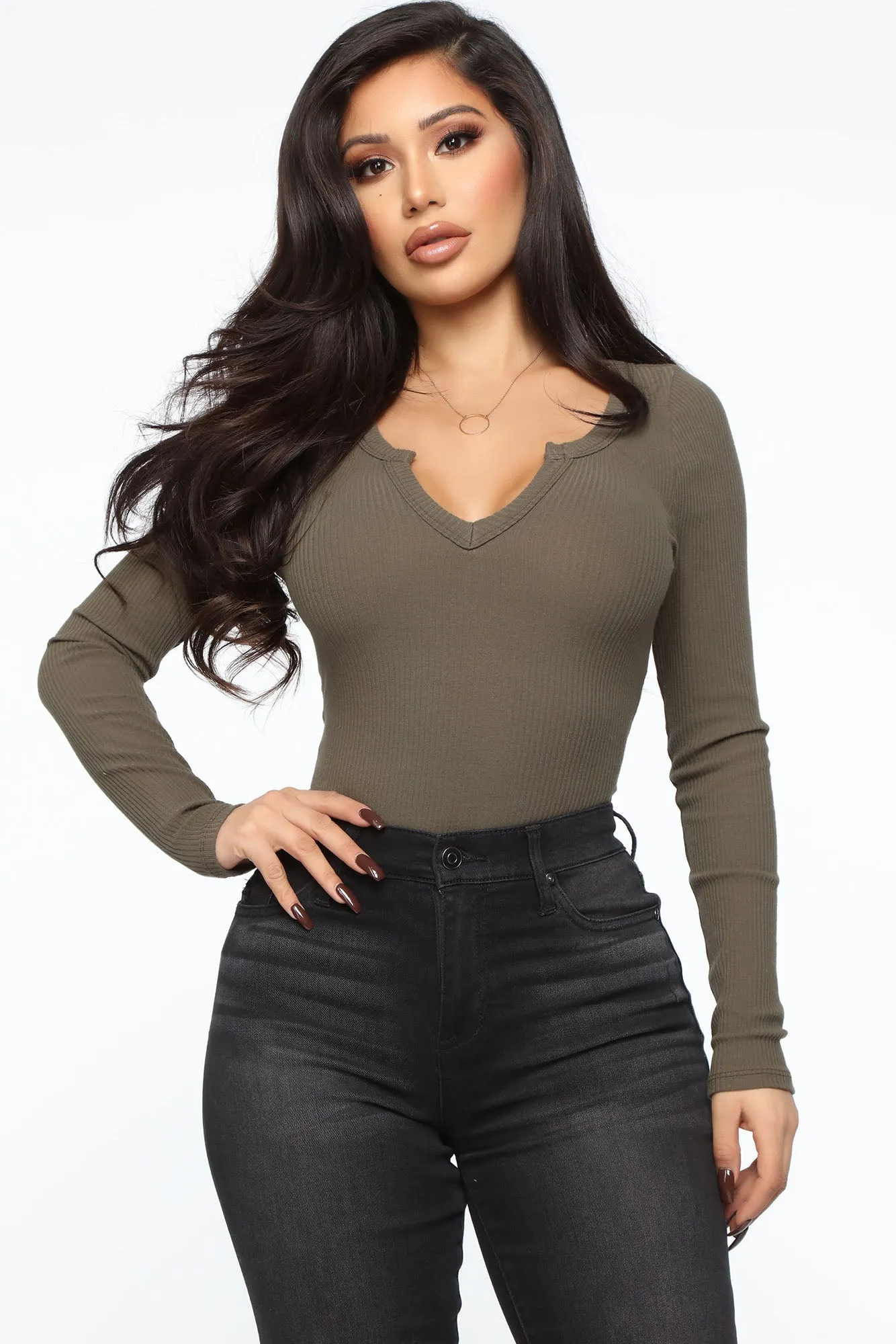 Alexa Ribbed Long Sleeve Bodysuit - Olive