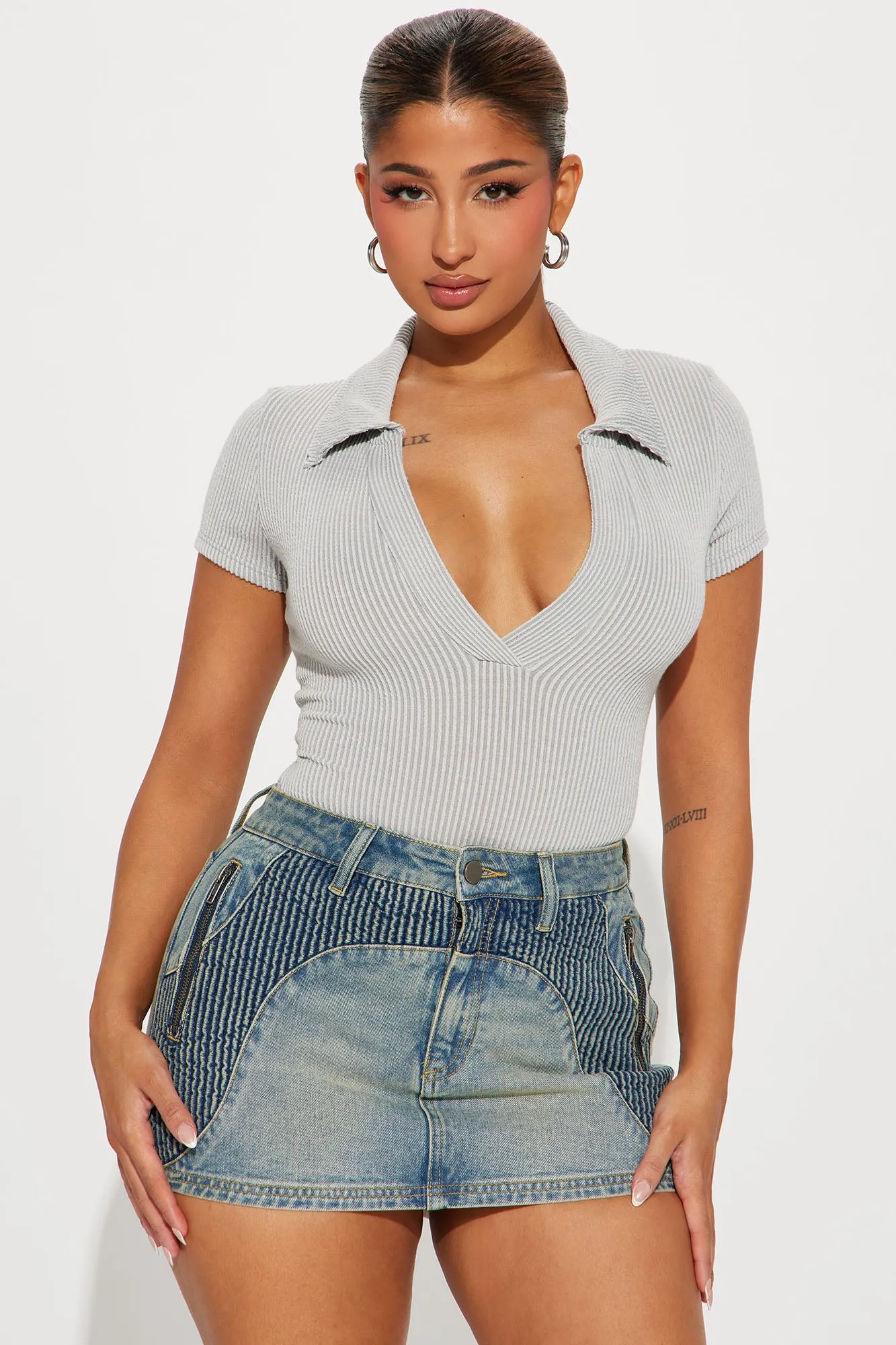 Amanza Ribbed Bodysuit - Heather Grey