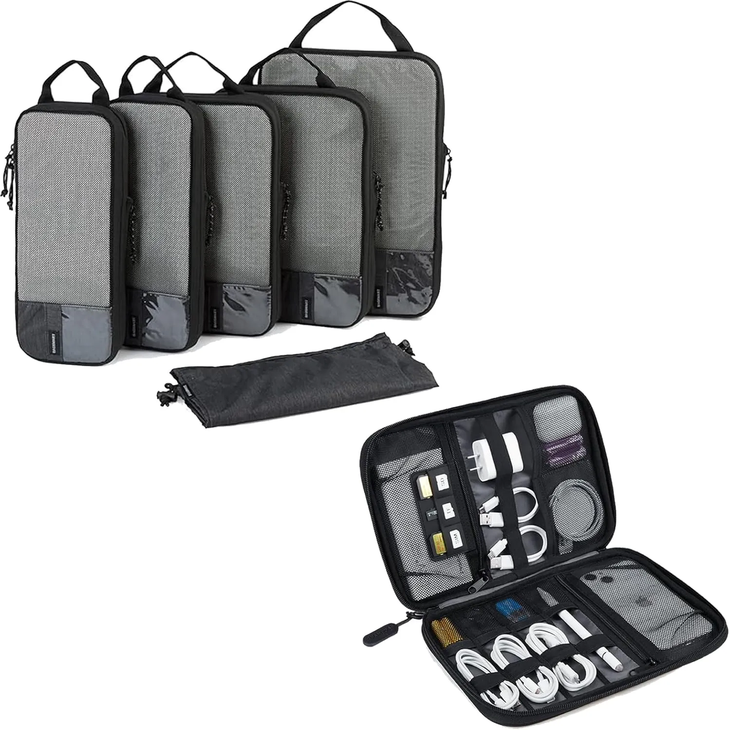 BAGSMART 6 Set Compression Packing Cubes & Electronics Organizer Travel Case, Black
