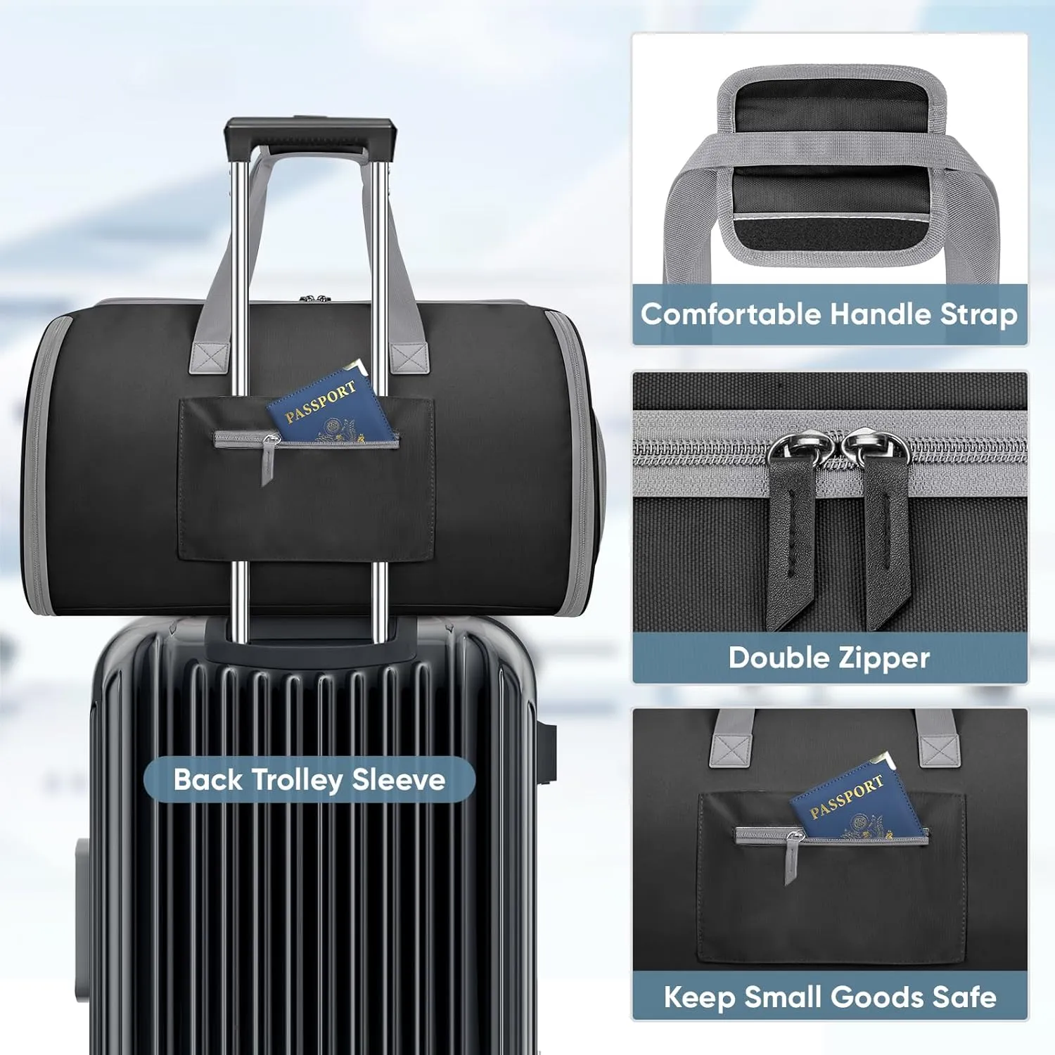 BALEINE Convertible Garment Bag with Shoe Compartment, 2 in 1 Carry on Garment Duffle Bags for Travel, Suit Bag for Men Women (Black)