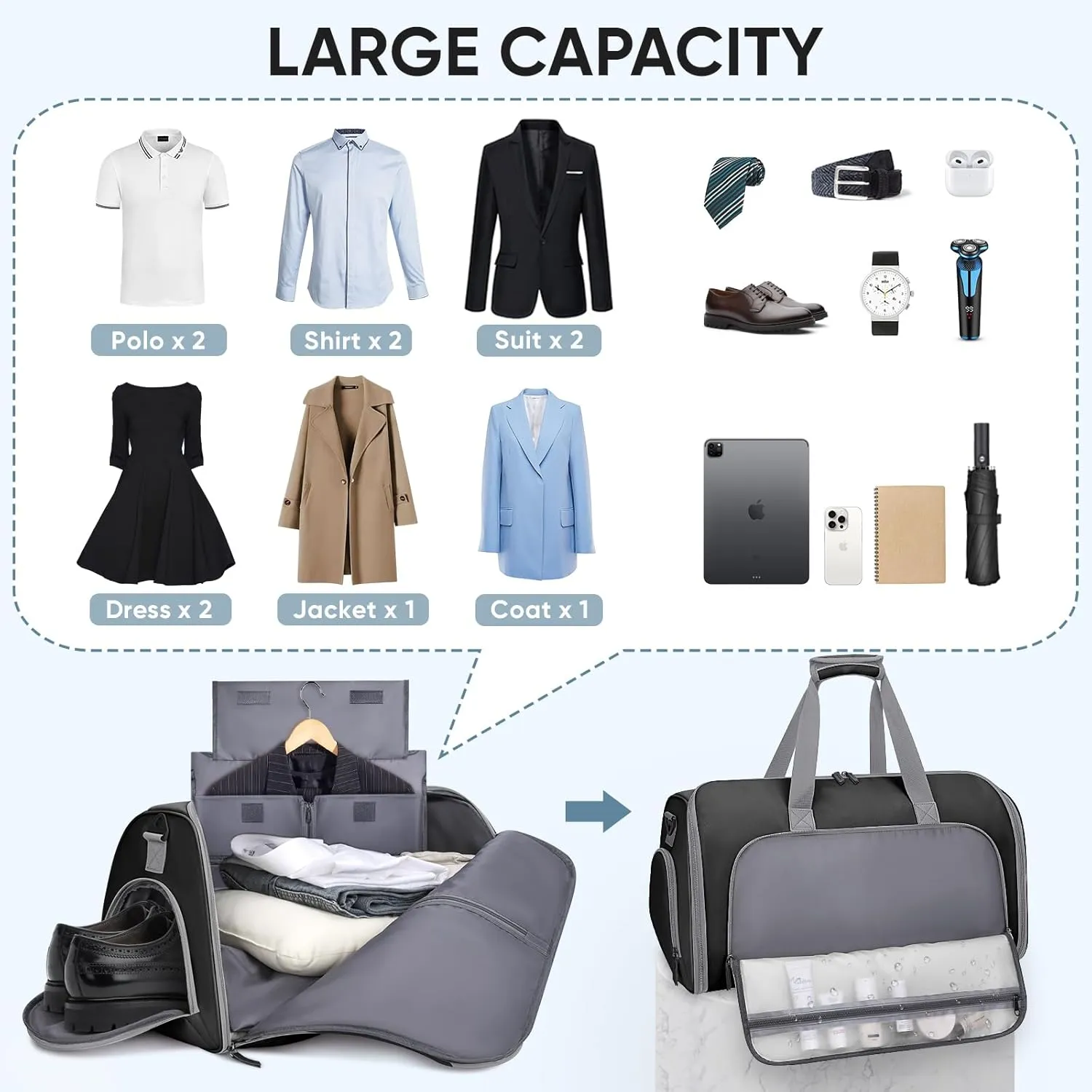 BALEINE Convertible Garment Bag with Shoe Compartment, 2 in 1 Carry on Garment Duffle Bags for Travel, Suit Bag for Men Women (Black)