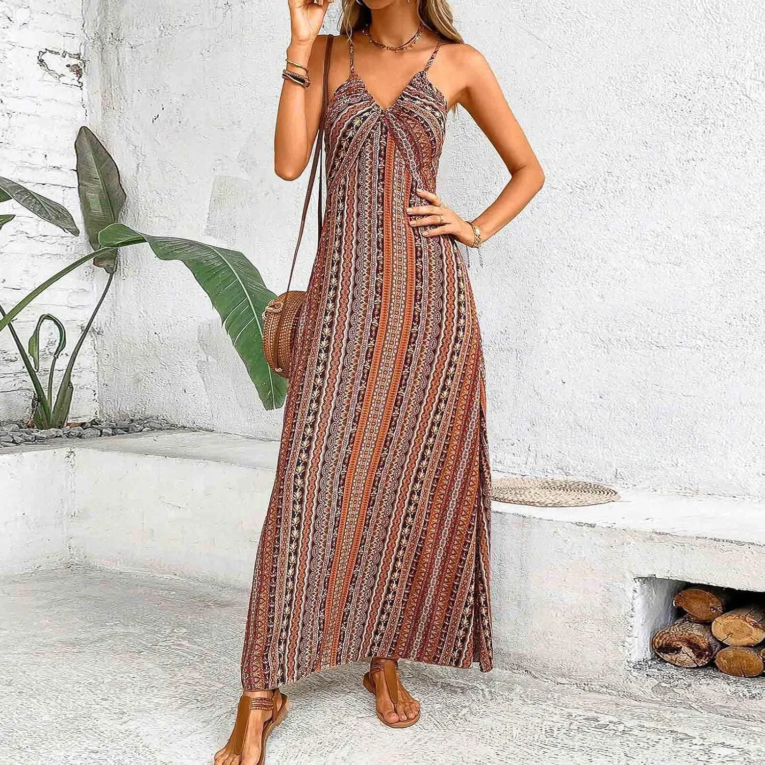 Beach Dresses for Women Colorful Striped Strap V Neck Summer Dress Casual Boho Split Vacation Long Flowy Sundress