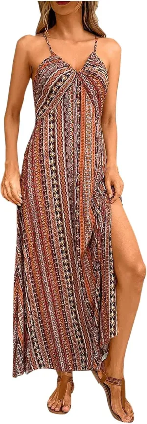 Beach Dresses for Women Colorful Striped Strap V Neck Summer Dress Casual Boho Split Vacation Long Flowy Sundress