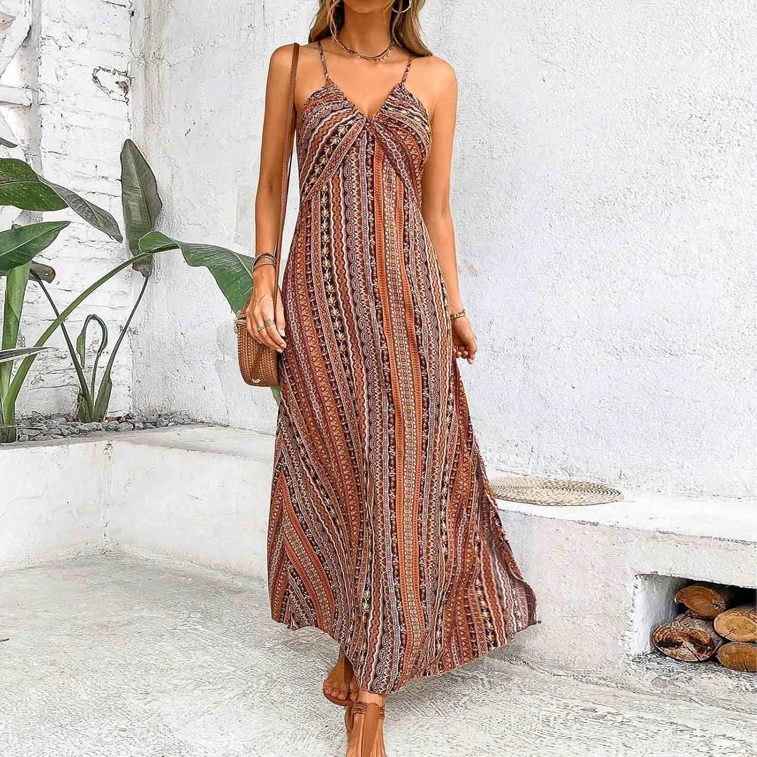 Beach Dresses for Women Colorful Striped Strap V Neck Summer Dress Casual Boho Split Vacation Long Flowy Sundress