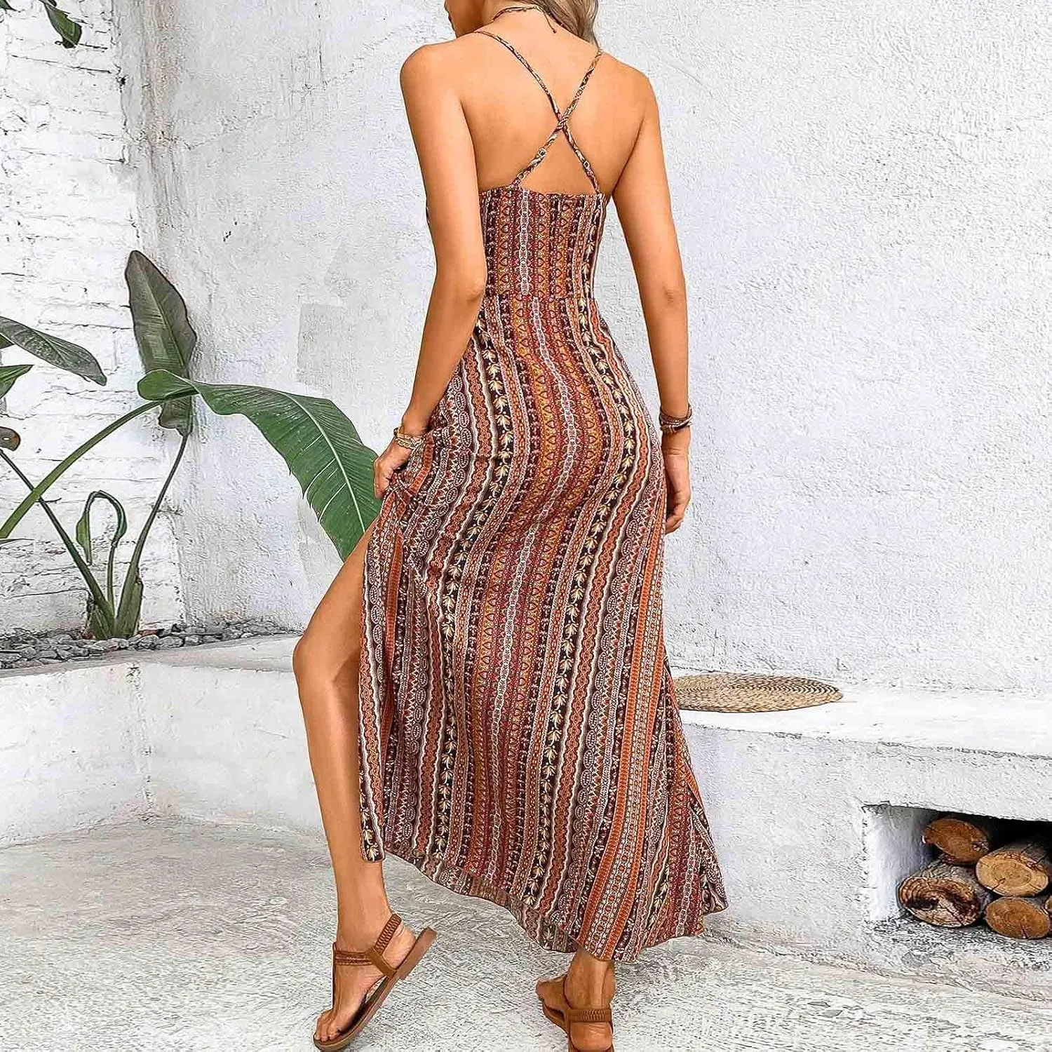 Beach Dresses for Women Colorful Striped Strap V Neck Summer Dress Casual Boho Split Vacation Long Flowy Sundress