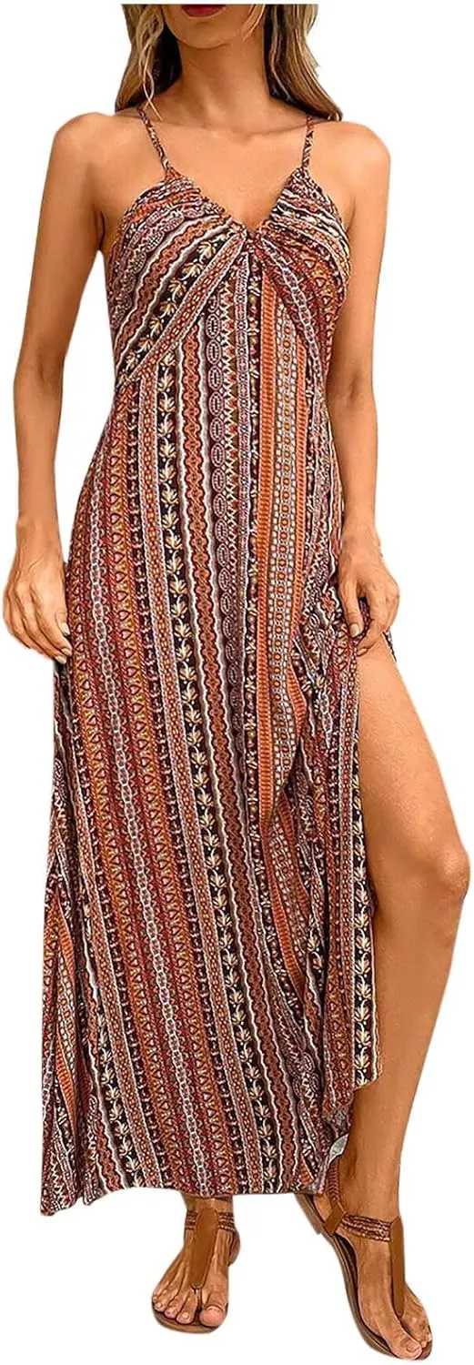 Beach Dresses for Women Colorful Striped Strap V Neck Summer Dress Casual Boho Split Vacation Long Flowy Sundress