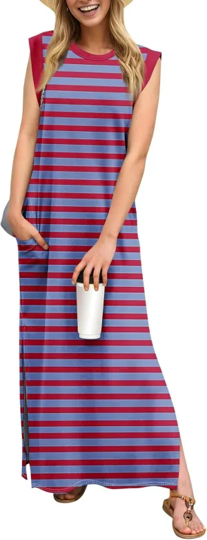 Beach Vacation Clothes for Women 2025 Summer Round Neck Casual Loose Striped Wrinkle-Free Long Maxi Beach Dress