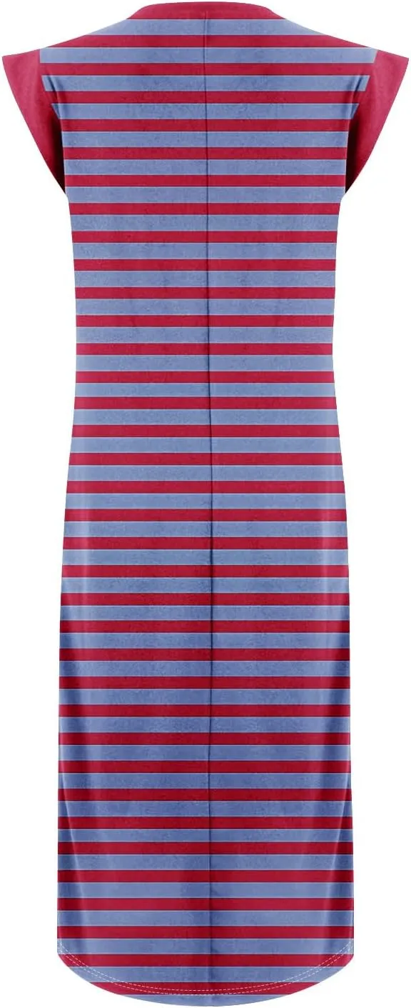 Beach Vacation Clothes for Women 2025 Summer Round Neck Casual Loose Striped Wrinkle-Free Long Maxi Beach Dress