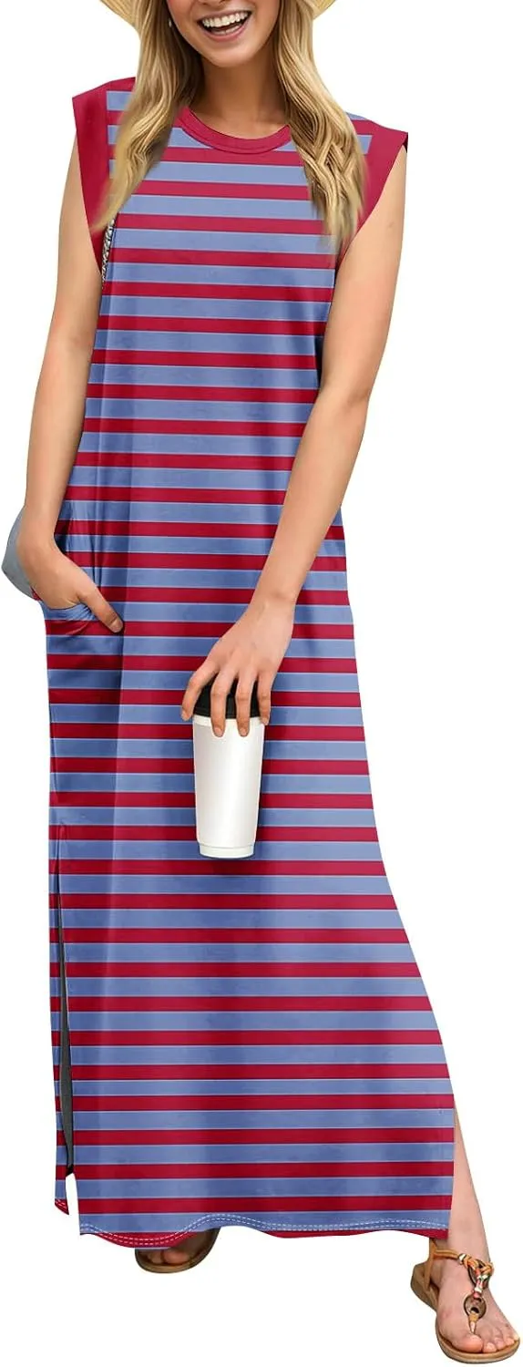 Beach Vacation Clothes for Women 2025 Summer Round Neck Casual Loose Striped Wrinkle-Free Long Maxi Beach Dress