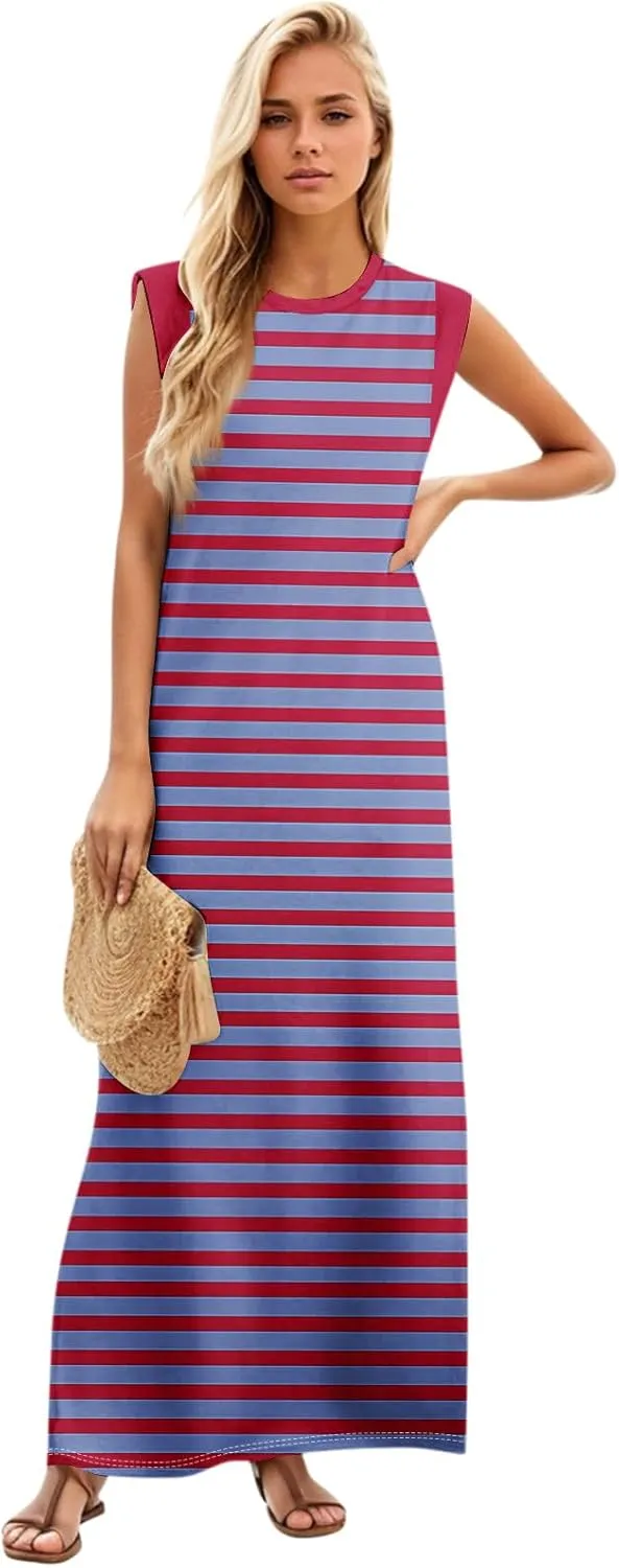 Beach Vacation Clothes for Women 2025 Summer Round Neck Casual Loose Striped Wrinkle-Free Long Maxi Beach Dress