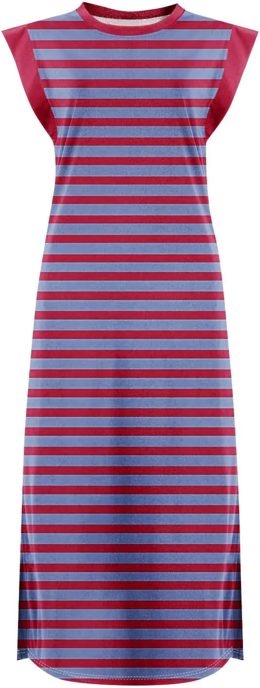Beach Vacation Clothes for Women 2025 Summer Round Neck Casual Loose Striped Wrinkle-Free Long Maxi Beach Dress