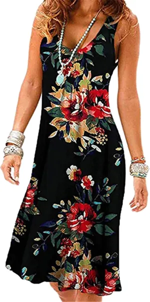 BOFETA Ladies Hem Swing Dress Casual Summer Tank Sleeveless Knee Length Pleated Sun Dresses