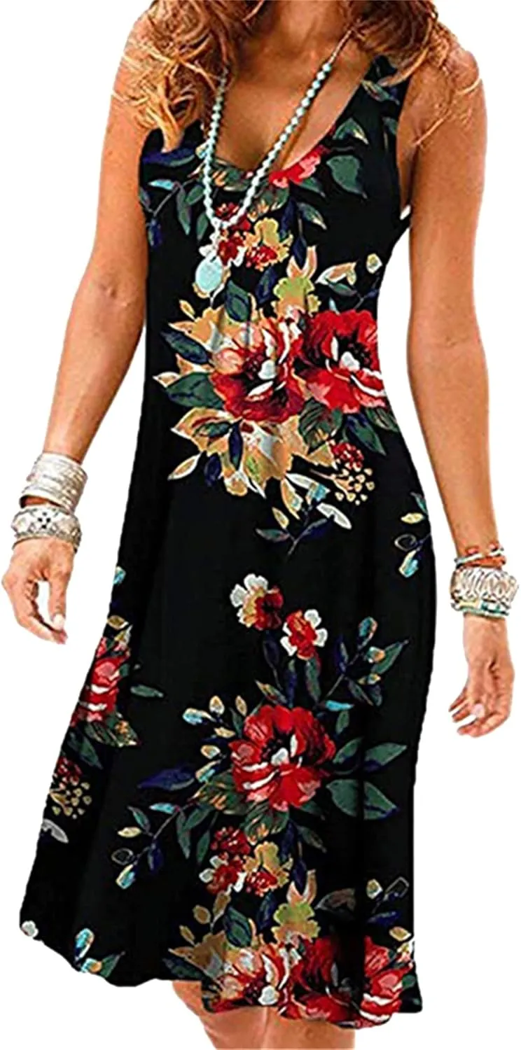 BOFETA Ladies Hem Swing Dress Casual Summer Tank Sleeveless Knee Length Pleated Sun Dresses