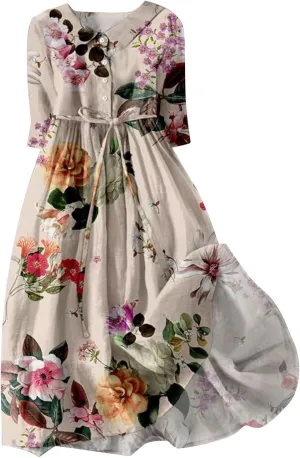 Boho Dresses for Women Linen Short Sleeve Lapel Collar Floral Midi Dress Button Lace-Up A Line Casual Flowy Outfits