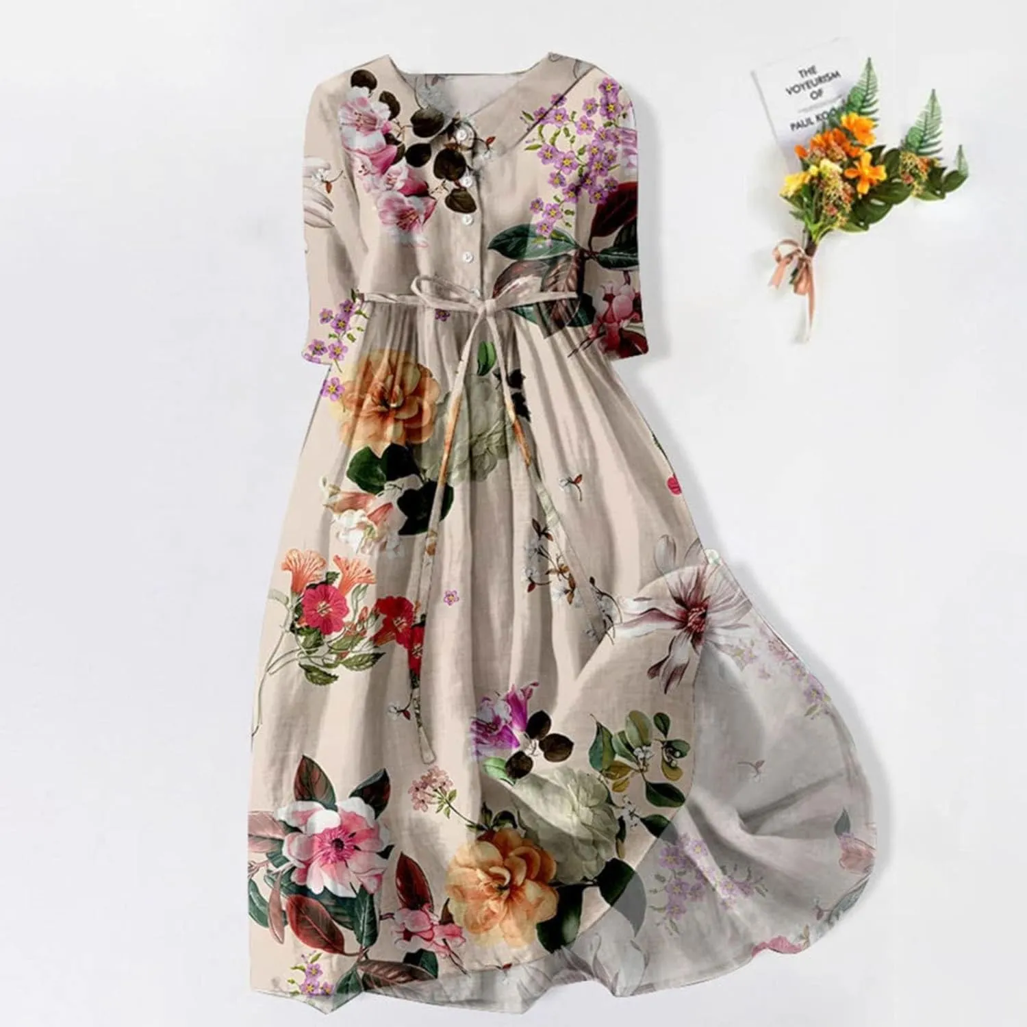Boho Dresses for Women Linen Short Sleeve Lapel Collar Floral Midi Dress Button Lace-Up A Line Casual Flowy Outfits