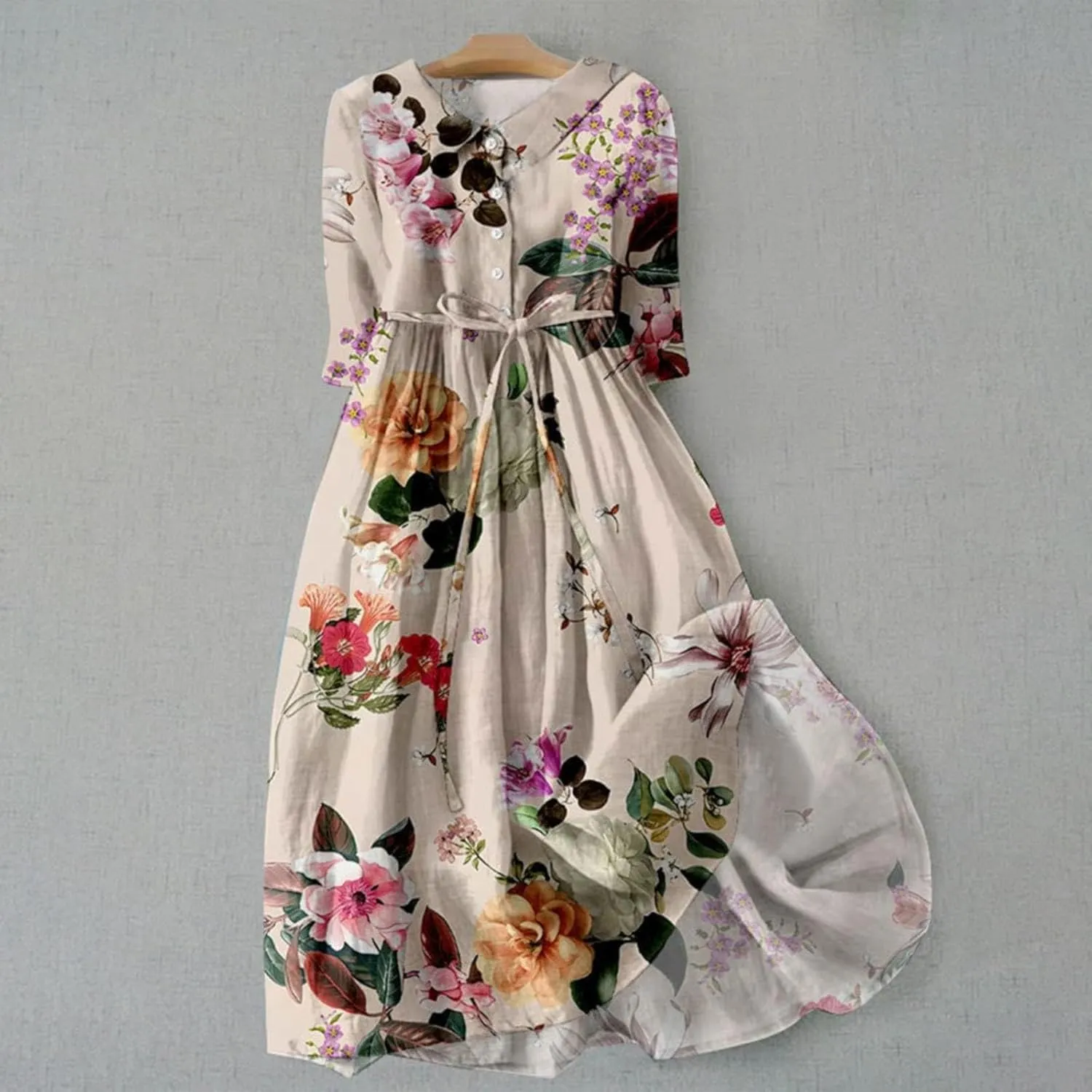 Boho Dresses for Women Linen Short Sleeve Lapel Collar Floral Midi Dress Button Lace-Up A Line Casual Flowy Outfits