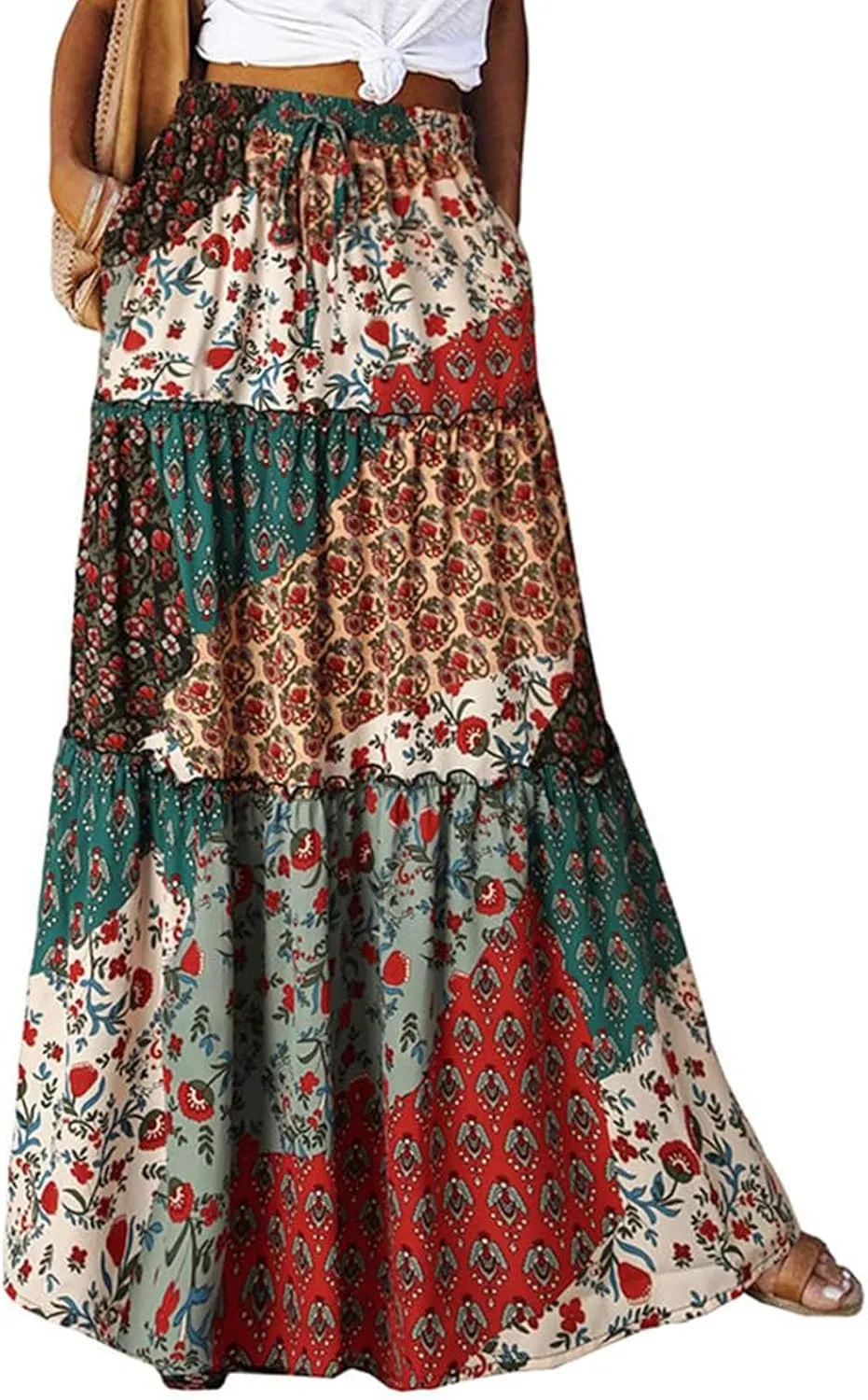 Boho Maxi Skirts for Women 2025 Ruffle Tiered Pleated Long Flowy Skirts Elastic High Waisted Swing Summer Beach Skirt