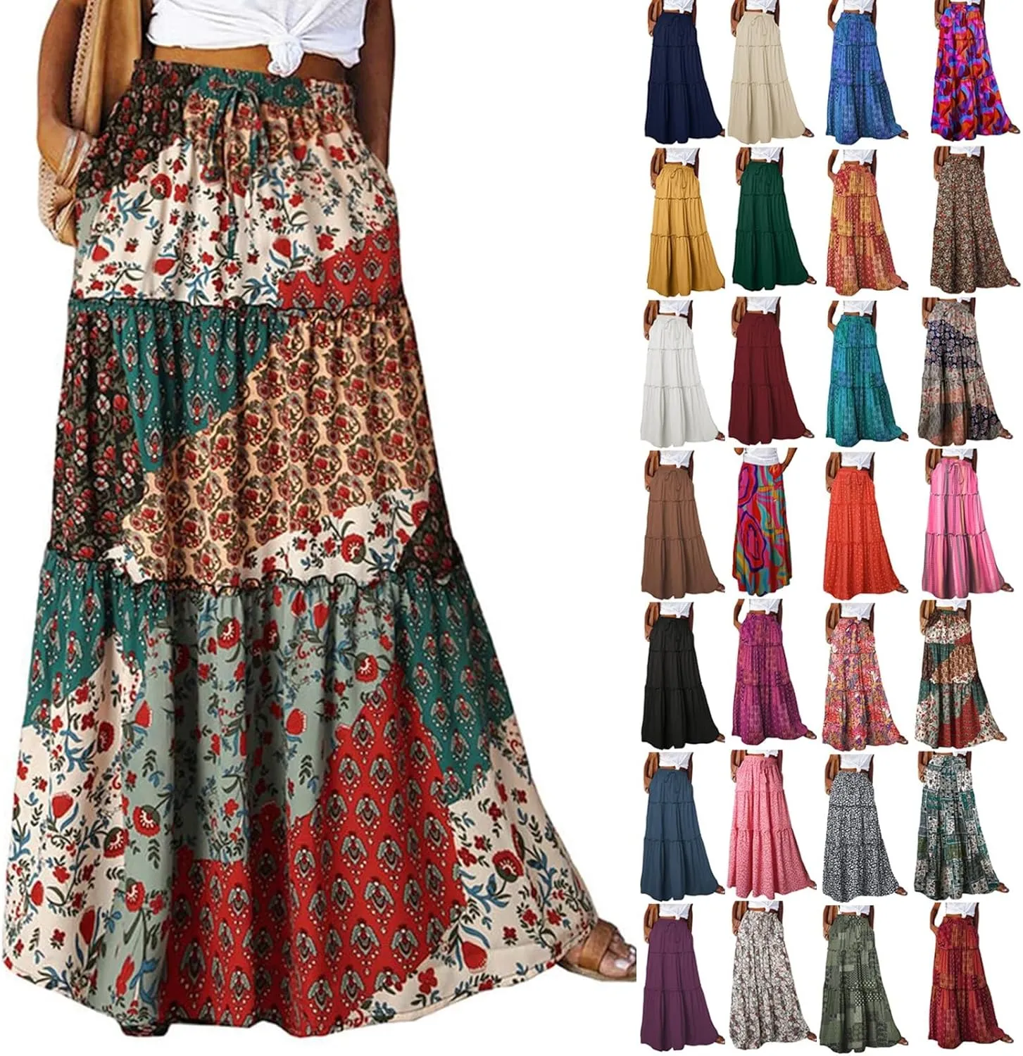 Boho Maxi Skirts for Women 2025 Ruffle Tiered Pleated Long Flowy Skirts Elastic High Waisted Swing Summer Beach Skirt