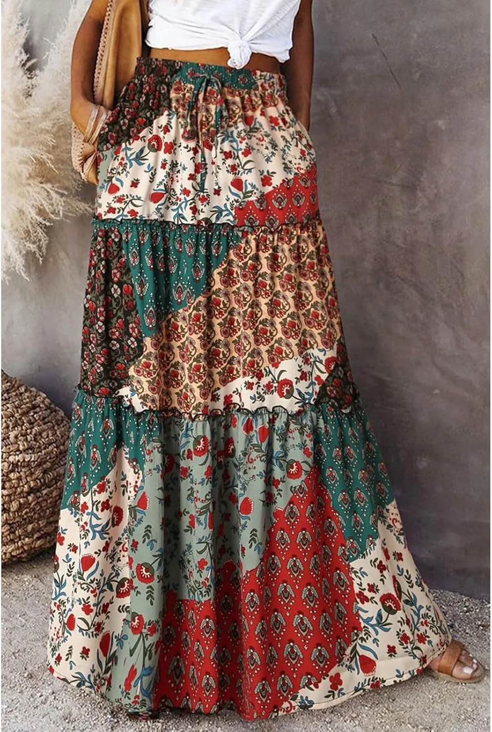 Boho Maxi Skirts for Women 2025 Ruffle Tiered Pleated Long Flowy Skirts Elastic High Waisted Swing Summer Beach Skirt