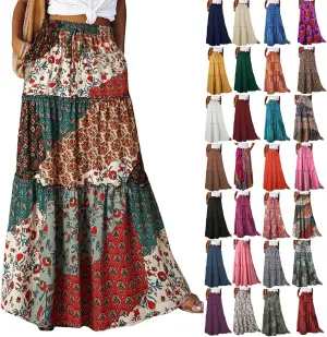 Boho Maxi Skirts for Women 2025 Ruffle Tiered Pleated Long Flowy Skirts Elastic High Waisted Swing Summer Beach Skirt