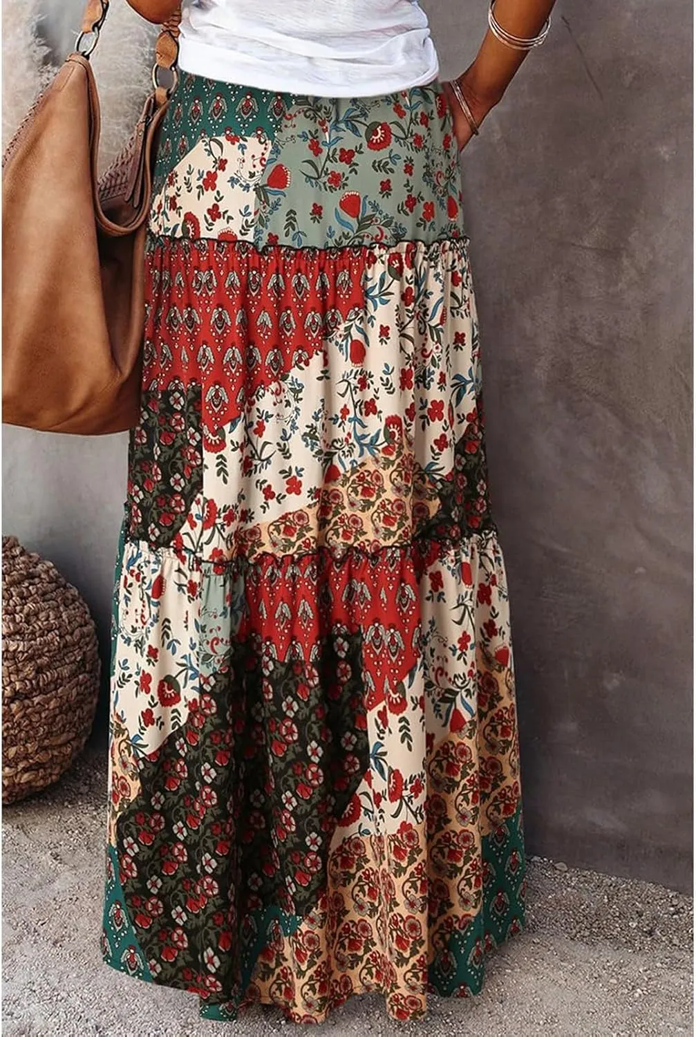 Boho Maxi Skirts for Women 2025 Ruffle Tiered Pleated Long Flowy Skirts Elastic High Waisted Swing Summer Beach Skirt
