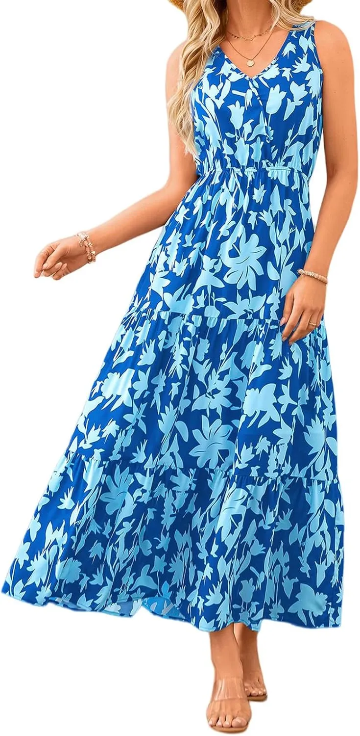 Boho Summer Dresses for Women 2025 Casual Floral Maxi Dress Sleeveless Bohemian Long Sundress Flowy Beach Dresses