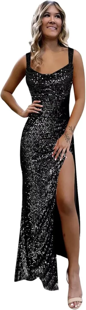 BONOYUER Sequin Mermaid Prom Dresses 2025 Cowl Neck Spaghetti Straps Formal Evening Gowns with Slit