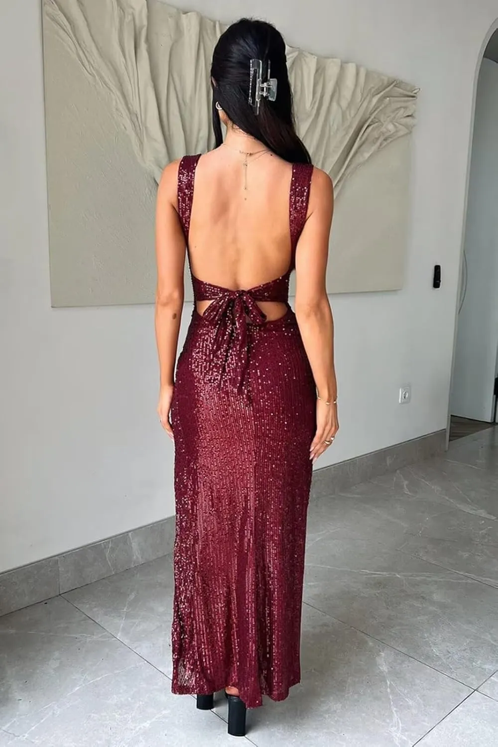 BONOYUER Sequin Mermaid Prom Dresses 2025 Cowl Neck Spaghetti Straps Formal Evening Gowns with Slit
