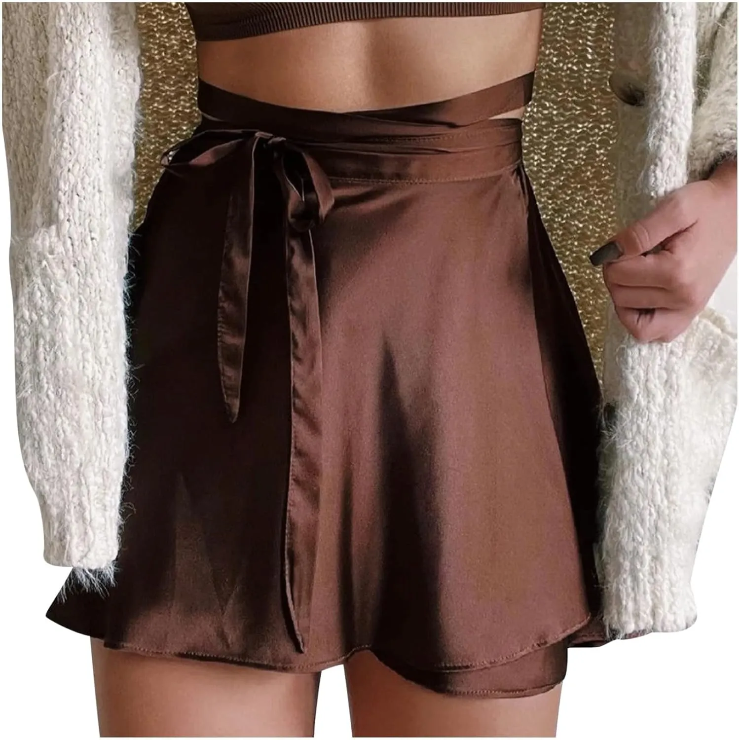 BTDECLAR Summer Ruched Mini Skirts for Women Trendy Tie Side High Waisted Asymmetrical Skirt Casual Mesh Flowy Short Skirt