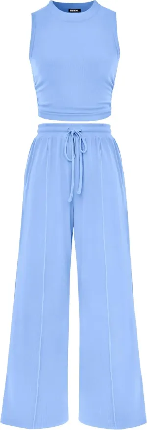 BTFBM Women Summer 2 Piece Outfits 2025 Beach Crew Neck Sleeveless Cropped Top Elastic Waist Wide Leg Pants Lounge Set
