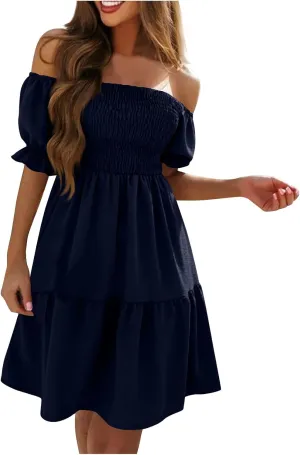 Casual Summer Dresses for Women, Off Shoulder Ruffle Hem Knee Length Swing Dress Flowy Short Sleeve Mini Dresses